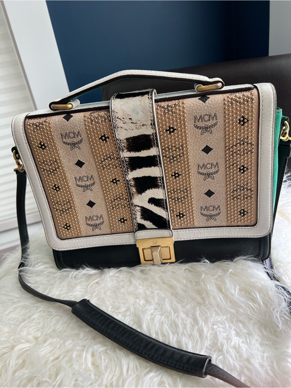 MCM Studded Beige Visetos, Leather, and Zebra Print Calf Hair Little Veronika